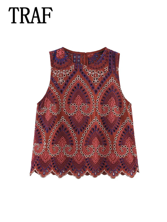 ONKOGENE Frauen Stickerei Aushöhlen Anzug 2025 Sommer Casual Chic Oansatz Mode Ärmelloses Top Langen Rock Mode Anzug