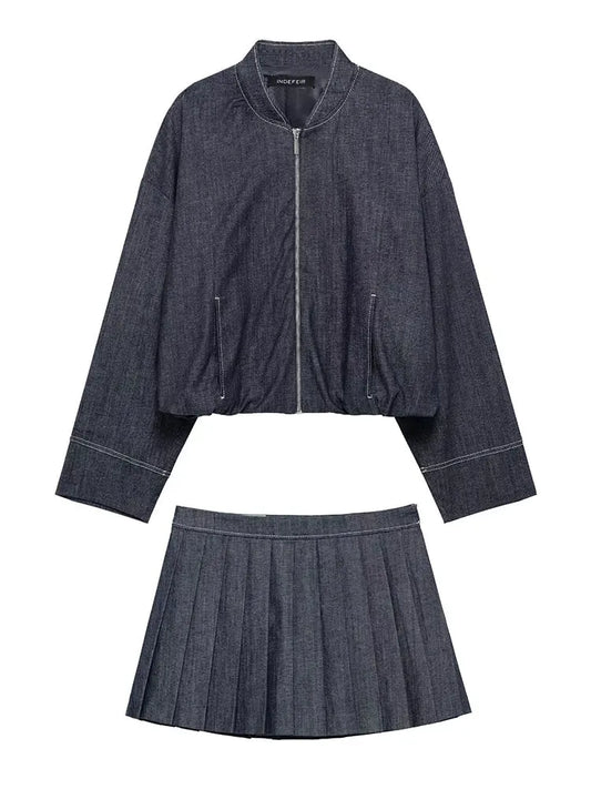 HH Damenmode Jeansjacke Röcke Sets O-Ausschnitt Langarm Reißverschluss Mantel Hohe Taille Schlank Minirock Lässige weibliche Streetwear