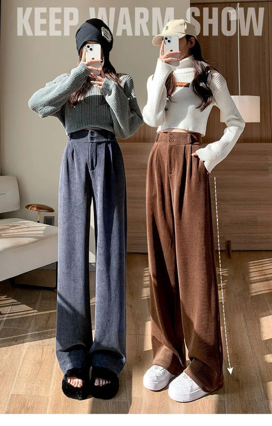 Ins Trendy Frauen Koreanische High Street Weite Bein Hosen Herbst/winter Dicke Warme frauen Hose Mode Cord Lose Taste Hosen