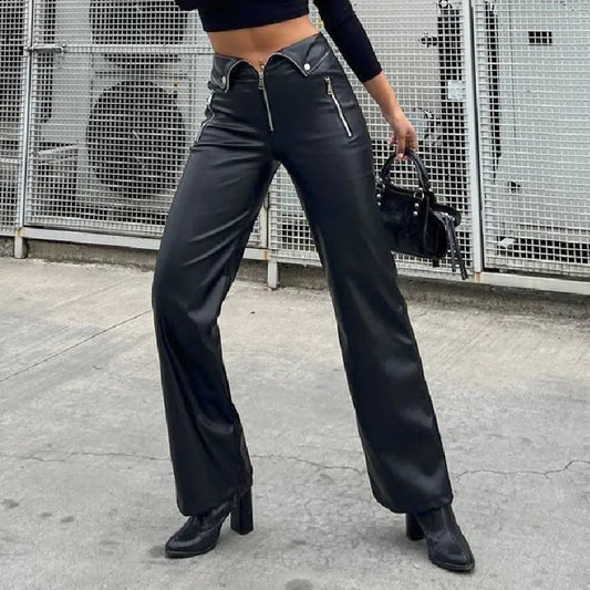 WhereMery Y2K Mode Lederhose Frauen Hohe Taille Sexy Reißverschluss Gerade Schlanke Hose 2024 Streetwear Gothic Chic Schwarze Hose