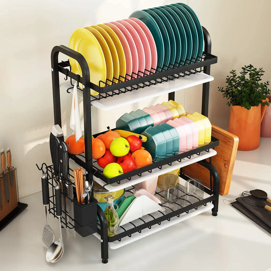 3 Tier Dish Drying Rack with Tray Utensil Holder,with Cutting Board Holder Drainboard Tray for Kitchen Counter Organizer Storage