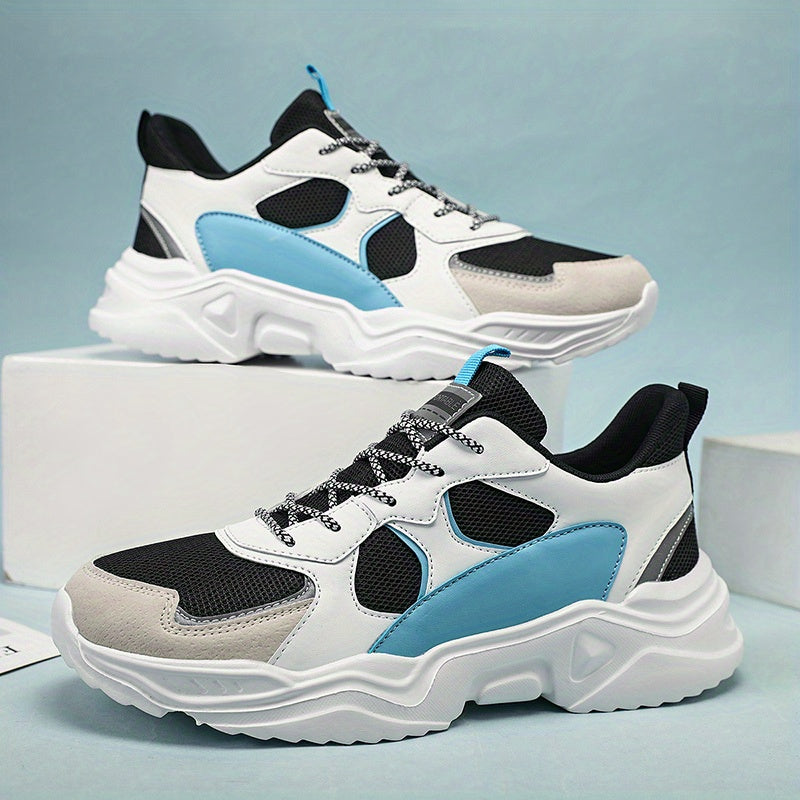 [Breathable Sneakers] Chunky Breathable Mesh Sneakers | Men's White & Teal Casual Sneakers with EVA Sole, Lace-Up Design for All Seasons