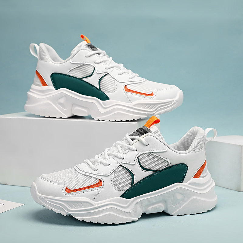 [Breathable Sneakers] Chunky Breathable Mesh Sneakers | Men's White & Teal Casual Sneakers with EVA Sole, Lace-Up Design for All Seasons