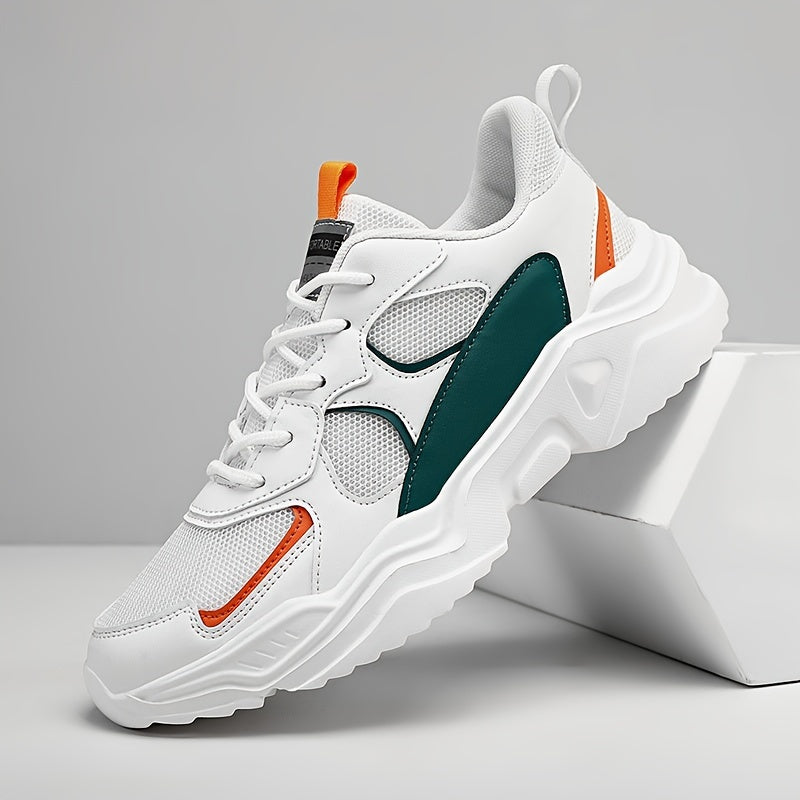 [Breathable Sneakers] Chunky Breathable Mesh Sneakers | Men's White & Teal Casual Sneakers with EVA Sole, Lace-Up Design for All Seasons