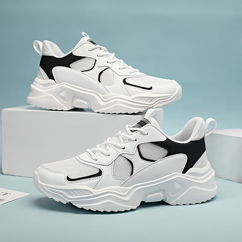 [Breathable Sneakers] Chunky Breathable Mesh Sneakers | Men's White & Teal Casual Sneakers with EVA Sole, Lace-Up Design for All Seasons