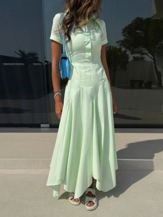 Fashion Women's Shirt Style Dress Turn-Down Collar Short Sleeve Solid Lady Dresses Irregular 2025 Summer Elegant Female Robe