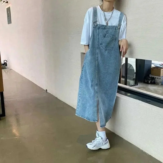 Frühling Sommer Denim Overall Kleid Frauen Ärmellose Jeans Kleider Mode Weibliche Solide Slip Casual Lose Spaghetti Strap Kleider