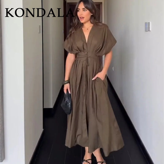 KONDALA 2025 Herbst Winter Vintage Frauen Kleider Mode Einreiher Schärpen Drapierte V-ausschnitt Ärmellose Chic Braun Damen Kleider
